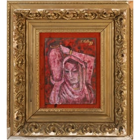 A Kellog, Oil on Canvas Painting featuring a figure on a red background within an ornate gold frame