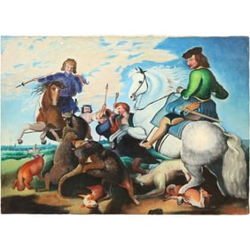 After Peter Paul Rubens, Ol on Canvas Painting, Wolf and The Fox Hunt, by Artist G Gierke
