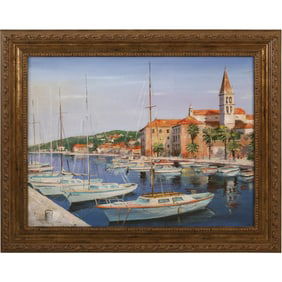 painting on canvas of Pore?, a city located in western Croatia. The painting showcases a harbor