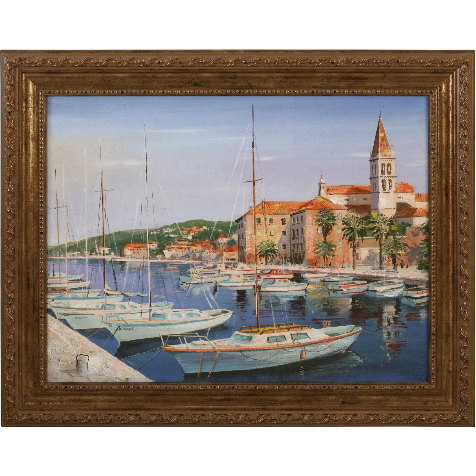 painting on canvas of Pore?, a city located in western Croatia. The painting showcases a harbor: painting on canvas of Pore?, a city located in western Croatia. The painting showcases a harbor scene with sailboats and features the iconic Euphrasian Basilica in the background. size: 16 x 20 outsid