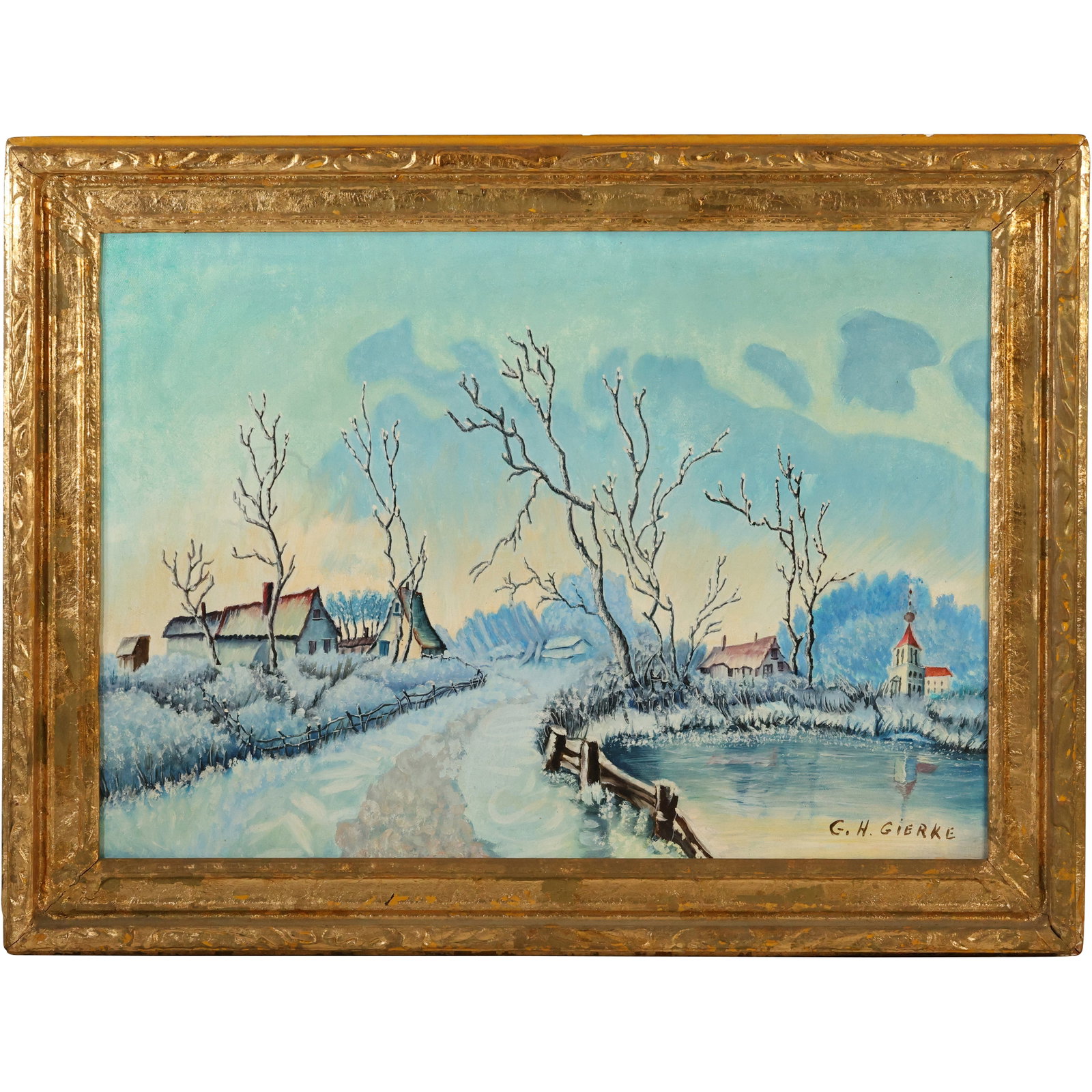 G H Gierke, Oil on Canvas Painting, Winter Landscape in The Morning, Signed, Framed: G H Gierke, Oil on Canvas Painting, Winter Landscape in The Morning, Signed, Framed; size: 21 x 29.5 outside frame 26 x 34.5