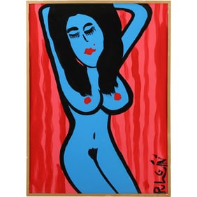 Thomas Pulgini, American, Pop-Art Abstract Oil on Board Painting BLUE WOMAN
