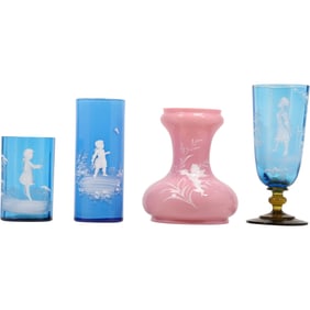 4 Assorted Mary Gregory Enameled Glass 3 Vases, 1 Chalice - Blue , Pink