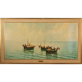 A Mariani [b. 1892 Italy] Oil on Canvas Painting Ships in Bay, Signed and Framed