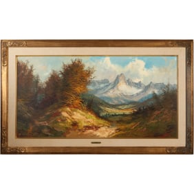 Hans Dienst (1933 - 2005) Oil on Canvas Painting Majestic Mountains Landscape, Signed, Framed