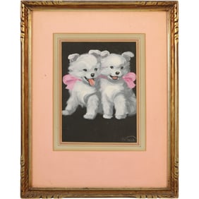 Eugene La Foret (1884 - 1955) , Oil Painting Two White Puppies Dogs, Pink Ribbons