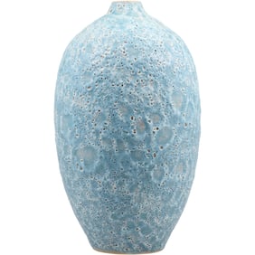 Mid-Century Modern Light blue ceramic vase with a textured, crater-like surface. 17 inches height