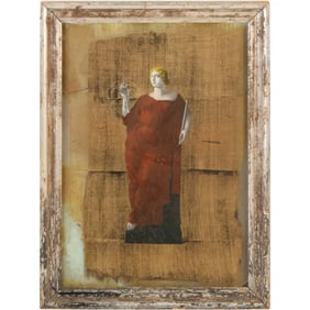 19th C Spanish Colonial Framed artwork, mixed-media on Glass, depicting a figure in a red robe