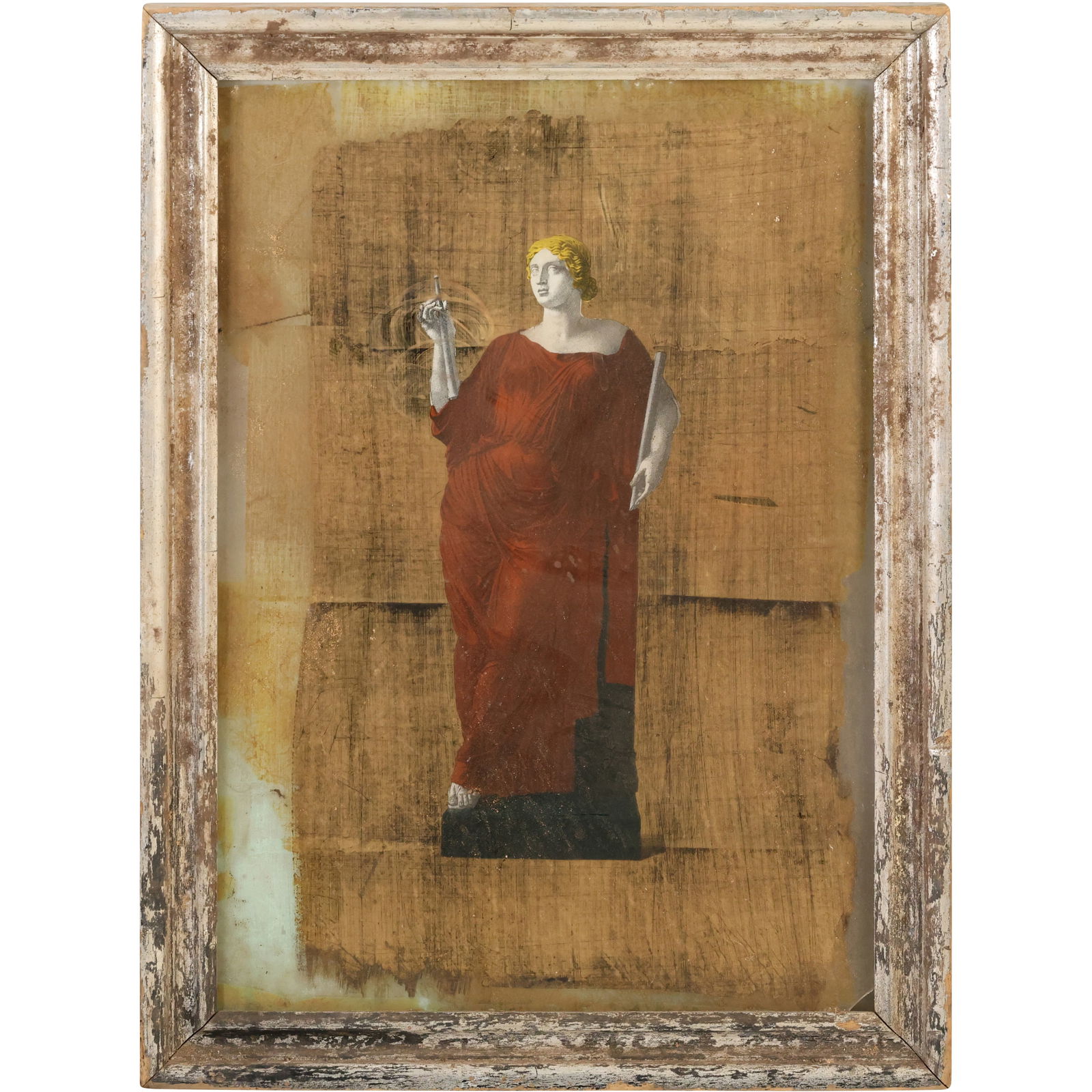 19th C Spanish Colonial Framed artwork, mixed-media on Glass, depicting a figure in a red robe (1 of 12)