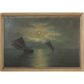 Signed Apon, Sailing Ships on Moonlight Seascape, Oil on Board Painting, Famed