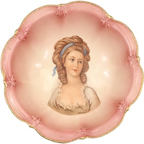 R S PRUSSIA, Pink Porcelain Bowl with Portrait of a Victiorian Maiden 10.5 in. diameter