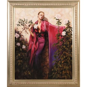 Tess Lindsay, Acrylic on Canvas Painting, Woman in Red Gown Amongst Flowers "Rhapsody"