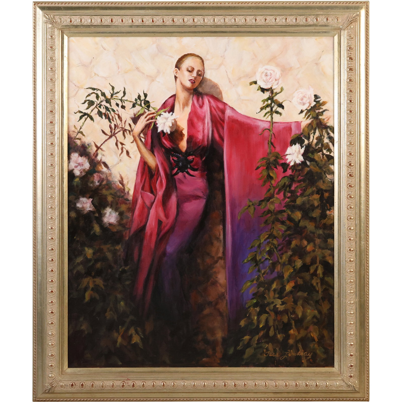 Tess Lindsay, Acrylic on Canvas Painting, Woman in Red Gown Amongst Flowers "Rhapsody": Tess Lindsay, Acrylic on Canvas Painting, Woman in Red Gown Amongst Flowers "Rhapsody"; Signed, Framed, Label on Verso. size: 24 x 30 outside frame 30 x 36'