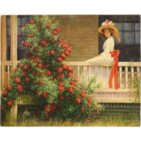 Signed C C Cooper, Oil on Canvas Painting, Woman on Porch Railing , Climbling Rose Bush