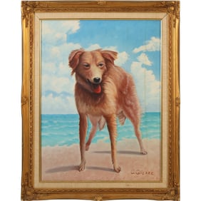 Signed G Gierke, Oil on Canvas Paintng of a Dog on The Beach, Framed
