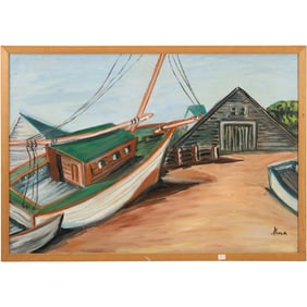 Signed Kina, Oil on Canvas Painting Fishing Boat on Dry Dock, Long Island NY, Info on Verso
