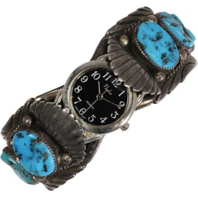 Vintage Stering Silver Native American Vintage Beauty Turquoise Watch Cuff Bracelet 80.3 Grams