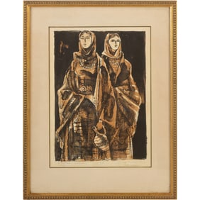 Lithograph Two Women in Traditional Dress, Pencil Signed, 1965, Titled, #41/55