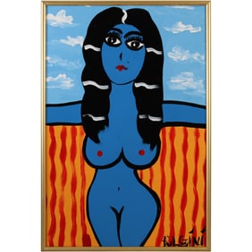 Thomas Pulgini, American, Pop-Art Abstract Oil on Board Painting Blue Woman