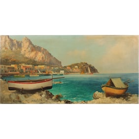 Guido Odierna (1913 - 1991) Oil on Canvas Painting Seascape with Boat Docked on Shore