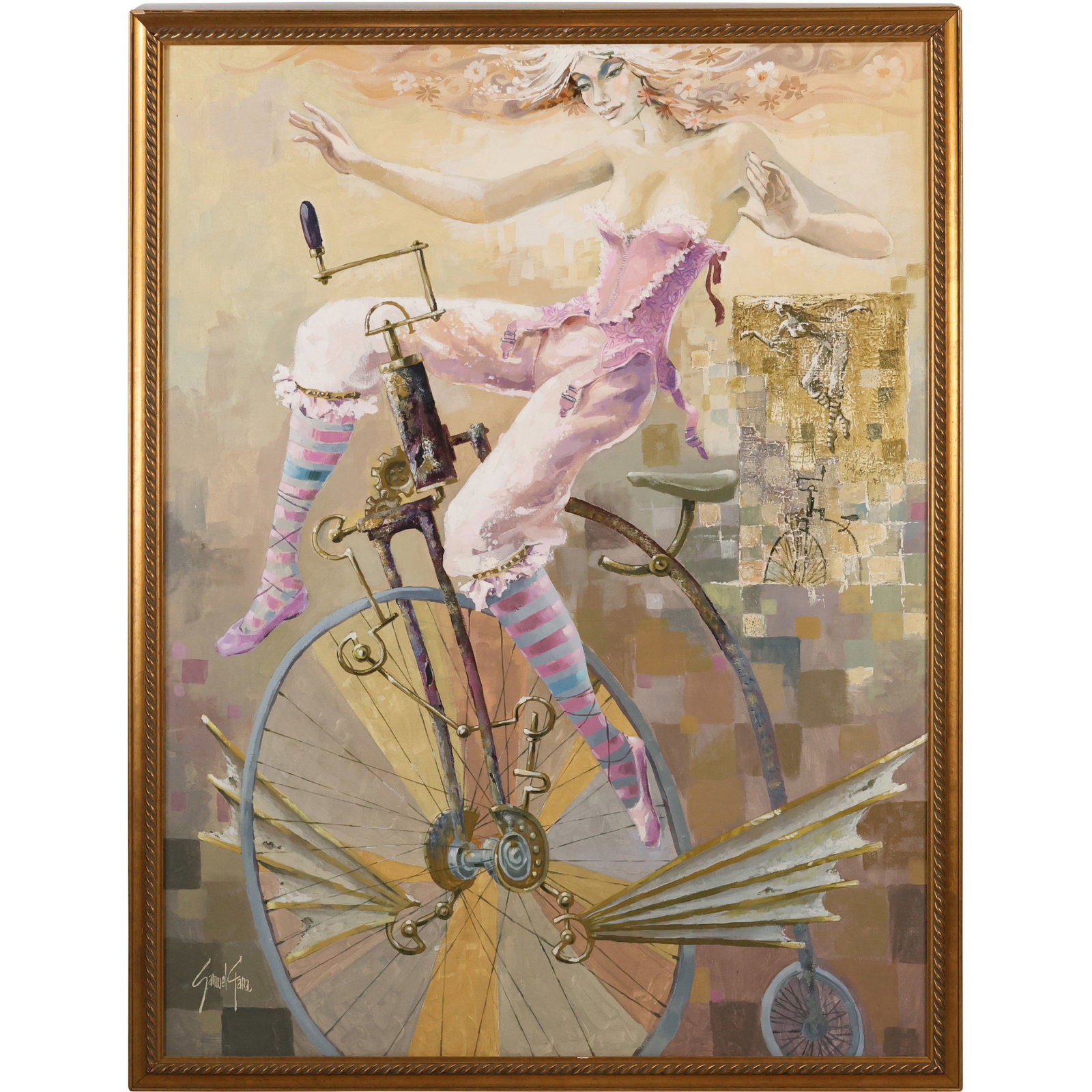Samuel Gana, Fantasy Large Oil on Canvas Painting Fashion Woman on a High Wheel Bicycle: Samuel Gana, Fantasy Large Oil on Canvas Painting Fashion Woman on . a High Wheel Bicycle; size: 32 x 42