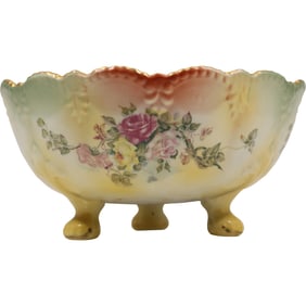 R S PRUSSIA, Green Wreath Mark, Footed Porcelain Bowl with Floral Decoration 9.75 in. dia.,