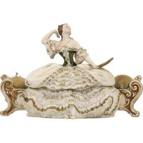 Adalt Porcelain Fashion Woman Figural Dresser Box with Pin Cushion Sides 7.5 in. h. x 9.5 in.l.