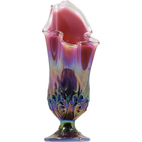 Vintage Fenton Lily of the Valley Plum Opalescent Iridescent Handkerchief Swung Vase. 8.5 in. height