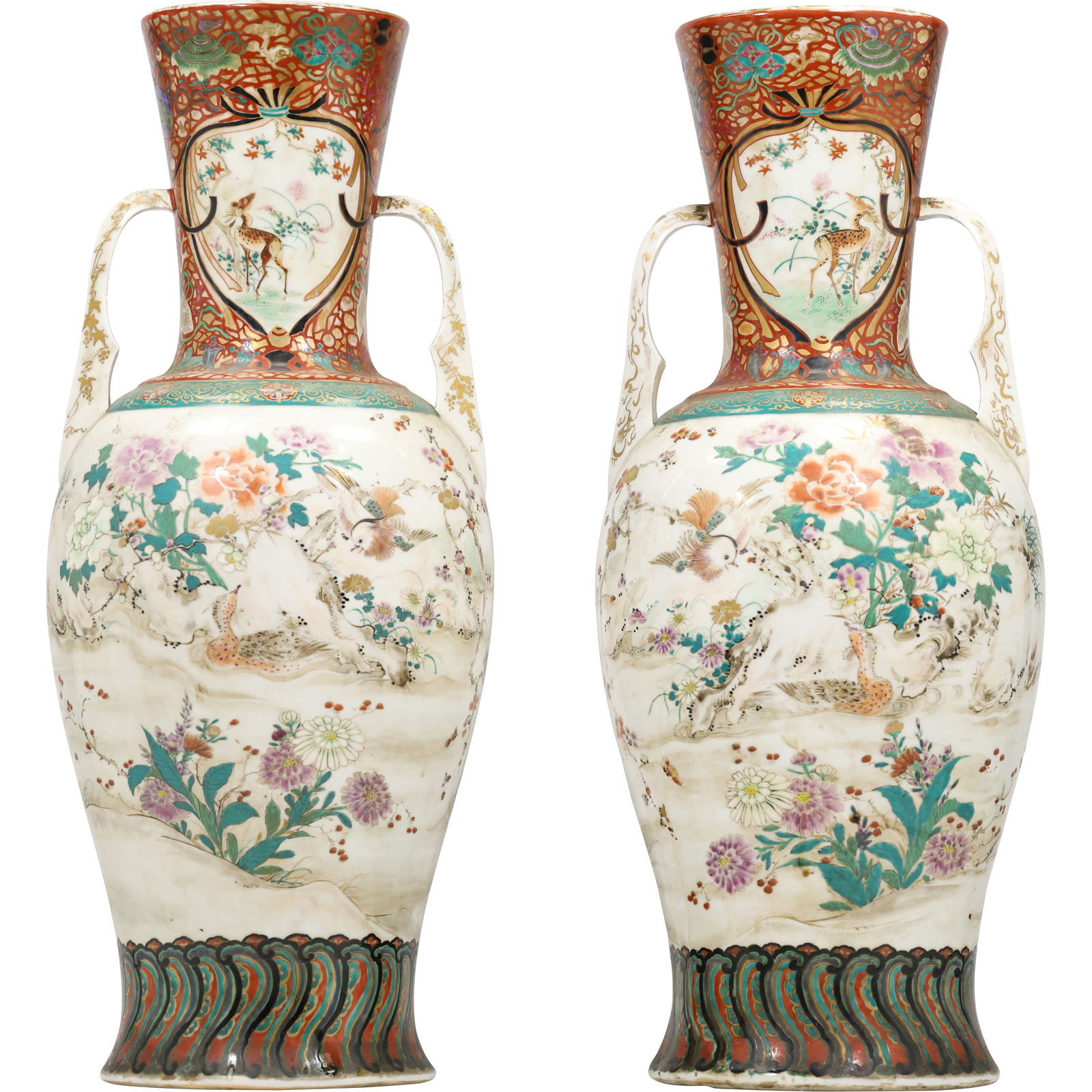 Pair 19th C. Antique Tall Japanese Satsuma Handled Temple Vases 18 inches height x 7.5 in. wide (1 of 14)