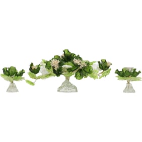 Fabulous 3 Piece Set of Murano Art Glass Flower Foliage Centerpiece with Side Candle Holders