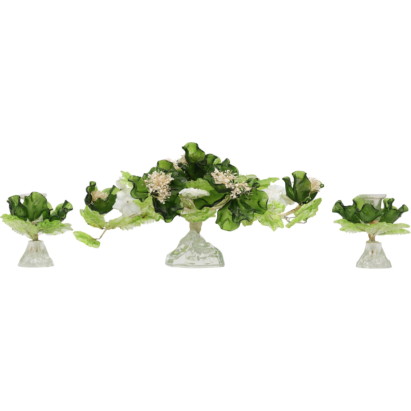 Fabulous 3 Piece Set of Murano Art Glass Flower Foliage Centerpiece with Side Candle Holders (1 of 20)