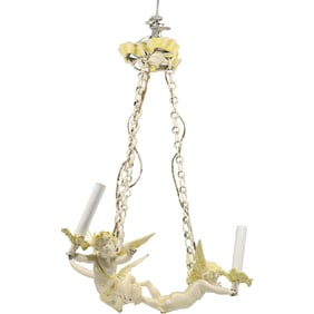 French Spelter Cast Metal 3 Winged Cherubs Hanging Fixture Electric Candlelight 16 in. wide
