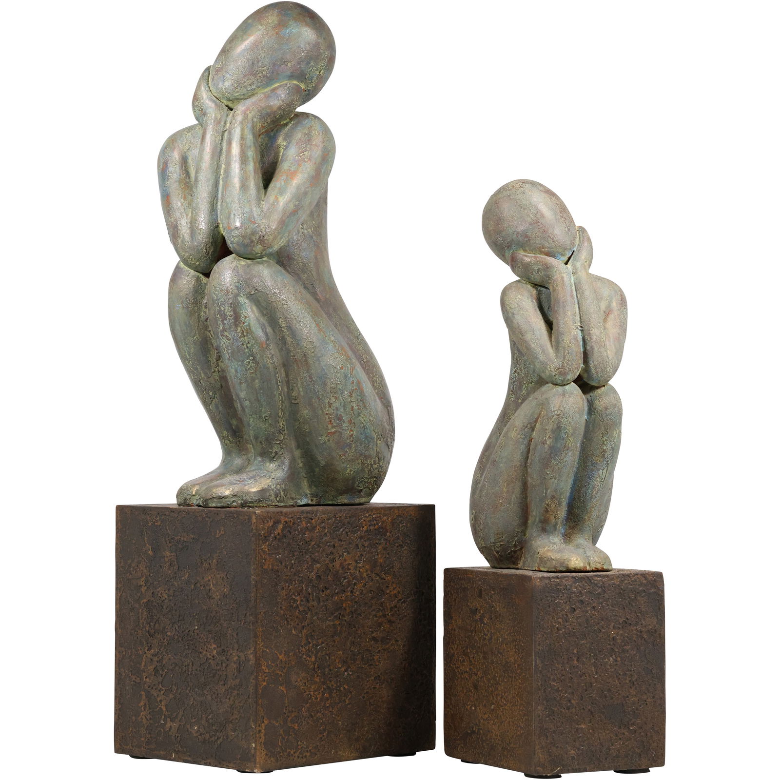 2 Mid-Century Modern Stylized Seated Figutres on Block Bases, Each Different Size, Original Patina: 2 Mid-Century Modern Stylized Seated Figutres on Block Bases, Each Different Size, Original Patina. size: 25 inches height; 6.75w S:A