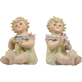 Pair Bisque Porcelain Figural Piano Babies, Made in Germany, 10 inches height x 7.5 in. wide