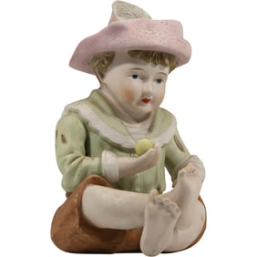 Bisque Porcelain Piano Baby Boy Toddler Holding a Fruit in His Hand 12.5 in. height x 7.5 in. wide