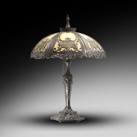 Fancy Metal Framed 6-Panel Curved Slag Glass Table Lamp 25 in. height x 16.5 in. dia, Shade