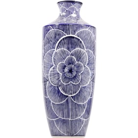Tall Blue and White Floral Ceramic Vase 20 inches height x 8 inches wide