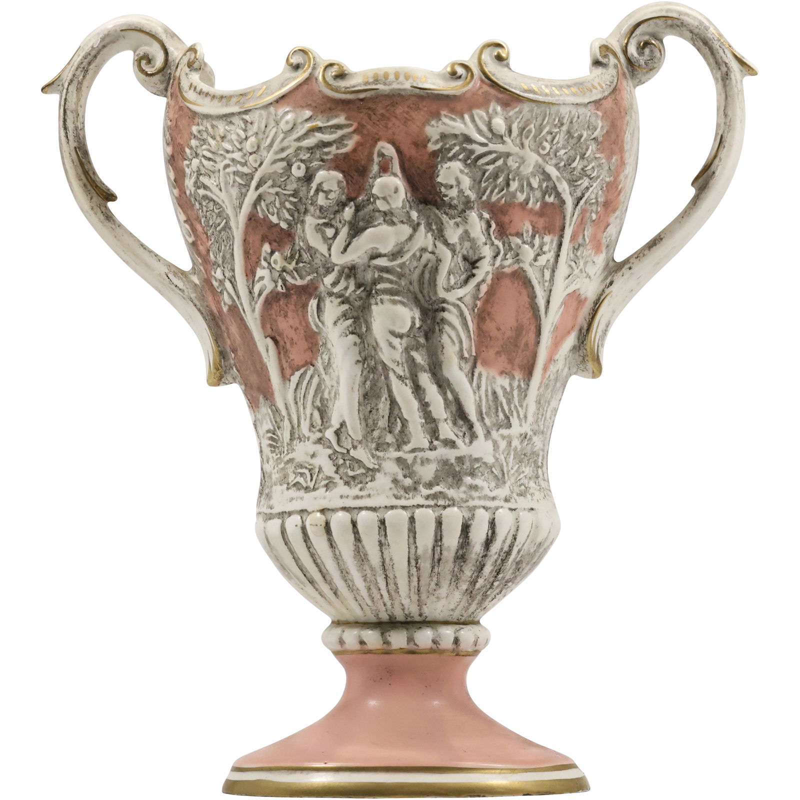 vintage Capodimonte porcelain vase. Capodimonte is a type of porcelain produced in Naples, Italy: vintage Capodimonte porcelain vase. Capodimonte is a type of porcelain produced in Naples, Italy, and is known for its detailed, raised relief designs. The vase features a hand-painted design with a c
