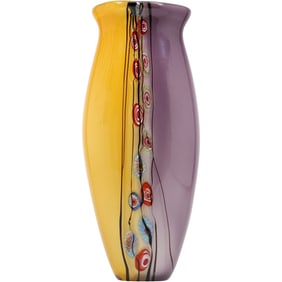 Tall art glass vase with a millefiori and ribbon effect. 11 inches height x 4 in. wide