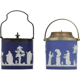 [2] Wedgwood , Adams , 19th C. Blue Jasperware Cracker Jars with Silver Plated Covers
