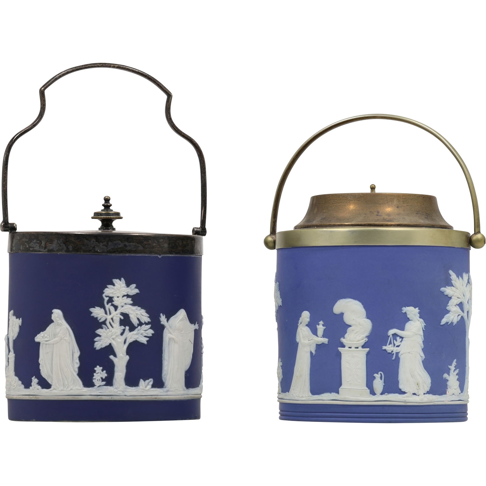 [2] Wedgwood , Adams , 19th C. Blue Jasperware Cracker Jars with Silver Plated Covers (1 of 15)