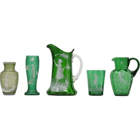 5 Assorted Antique Mary Gregory White Enameled Green Glass 2 Vases, 2 Pitchers and Goblet