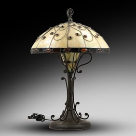 Signed QUOIZEL Art Nouveau Style Table Lamp with Curved Iridescent Glass Panels, Jewels