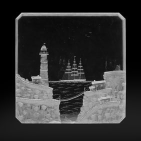 VINTAGE ETCHED ART GLASS LIGHTHOUSE AND SAILBOAT SCULPTURE PANEL 8.5 in. x 8.5 in.