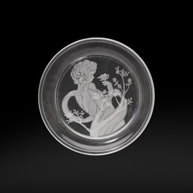[3] Two Engraved Glass Dish, Angelica, by Michael Yates, Country Ladies Series & HOYA Sunflowers