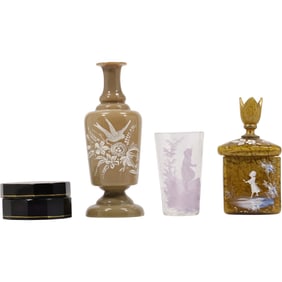 4 Assorted 19th C. Mary Gregory Enameled Glass Box, Vase, Goblet, Covered Jar, Beige Colors