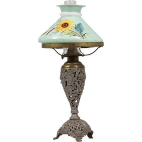 Antique 19th C. Oil Lamp Fancy Cast Metal Spelter Base with Hand Painted Bristol Glass Shade