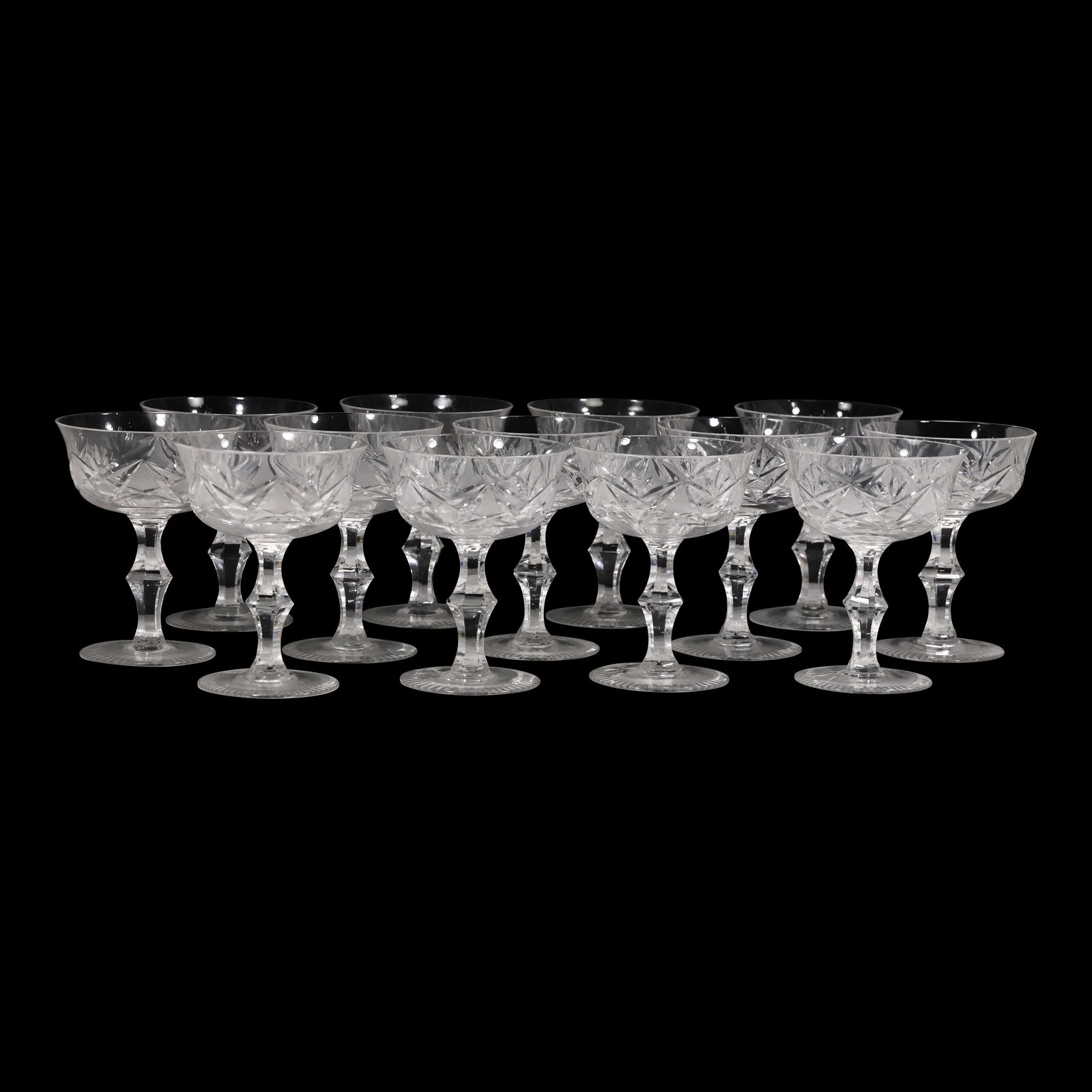 Set 12 Fine Cut Etched Glass Champagne Coupe Stemware - Nice Quality (1 of 9)