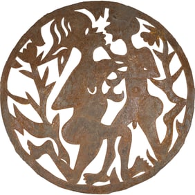 Artist Signed Haitian Folk Art Cut Metal Steel Sculptured Wall Plaque with Man , Woman Figures