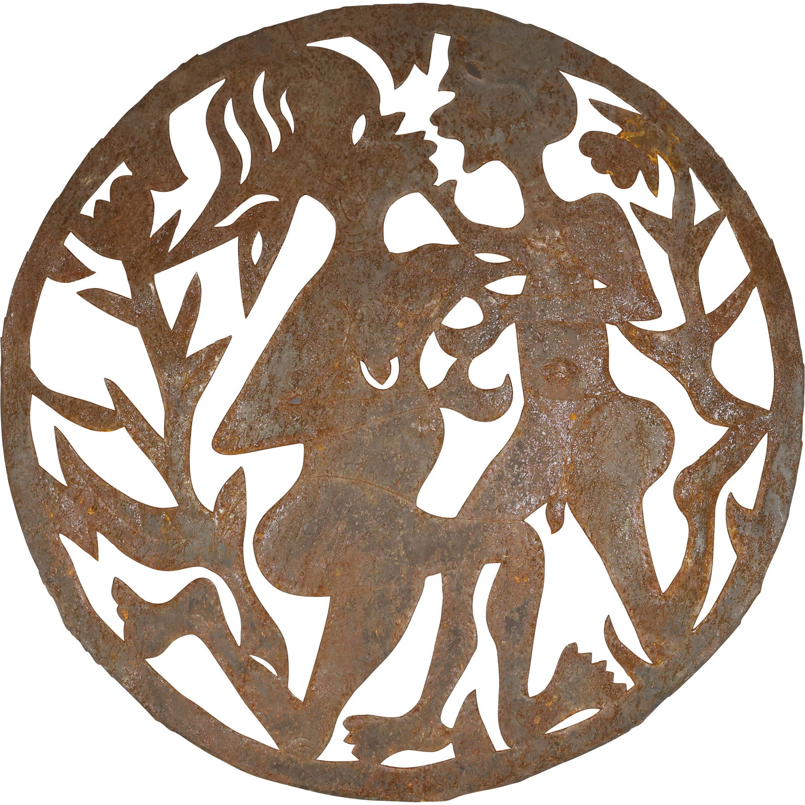 Artist Signed Haitian Folk Art Cut Metal Steel Sculptured Wall Plaque with Man , Woman Figures (1 of 13)